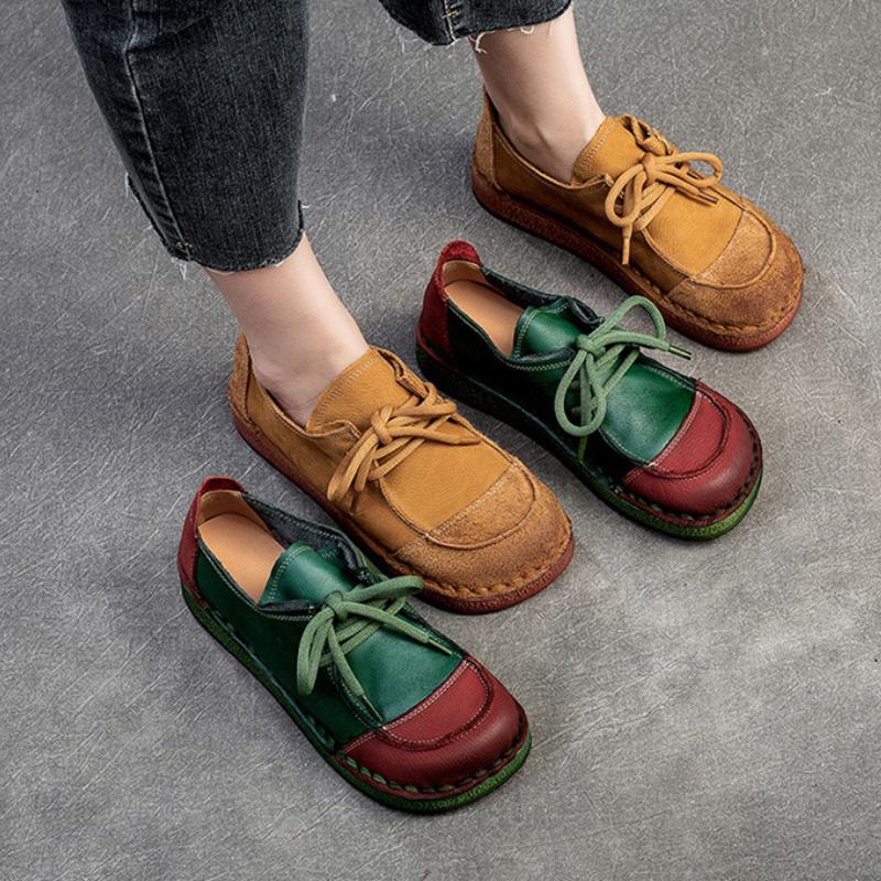 Johnature Chaussures à lacets rétro en cuir véritable polyvalentes, couleurs mélangées, semelle souple, chaussures confortables pour femmes