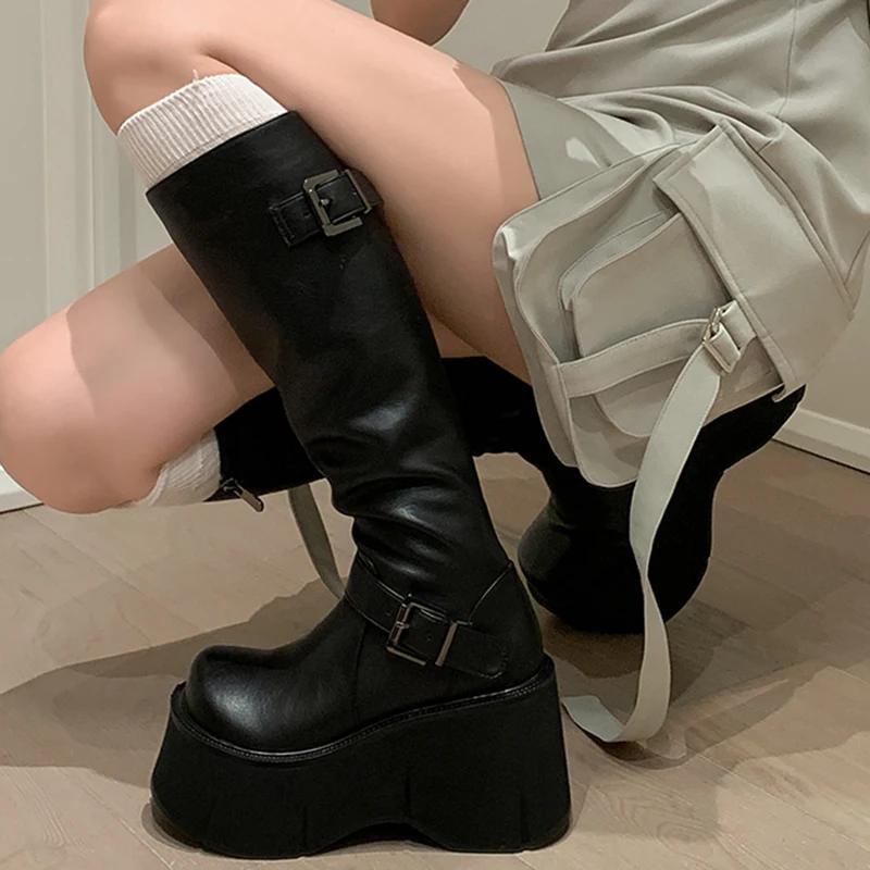 Fashion Women Punk 10CM Platform Buckle Boots Shoes Chunky Motorcycle Simplicity Boot Cool Nightclub Party Zipper Casual Outdoor Shoes