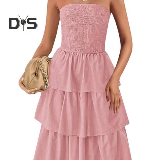Trägerloses Kleid für Damen, schulterfrei, rückenfrei, ärmellos, Strandkleid, mehrlagiges Rüschenkleid, verstreuter Saum, Urlaubskleid, elastische Brust, Maxikleid