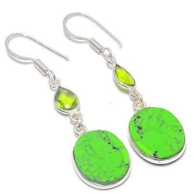Natural Green Turquoise, Peridot Gemstone 925 Sterling Silver Earring 1.97" H5b93