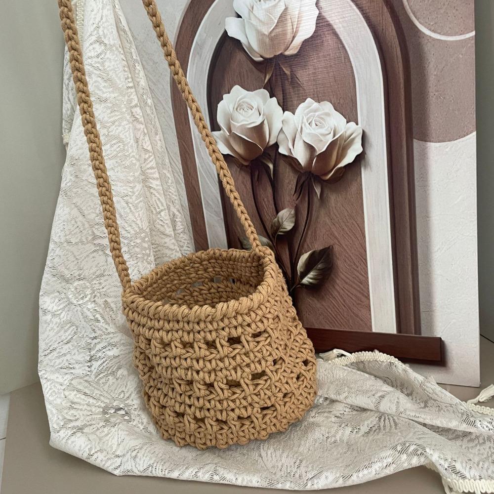 Solid Color Crochet Tote Bag Korean Style Knitted Shoulder Bag Fashion Bucket Bag  Outdoor коричневый