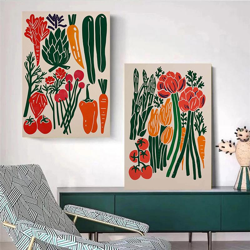 Buntes Poster mit frischem Gemüse, botanischem Gartenmotiv, minimalistischer Kunstdruck auf Leinwand, Wandbild für Wohnzimmerdekoration