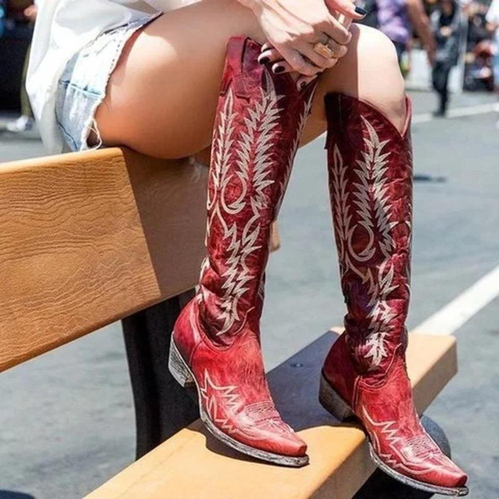 Women Knee High Boots Mid Med Heels Round Toe Ethic Shoes Woman Chaussure  Mujer Gladiator Vintage PU Girl Booties89