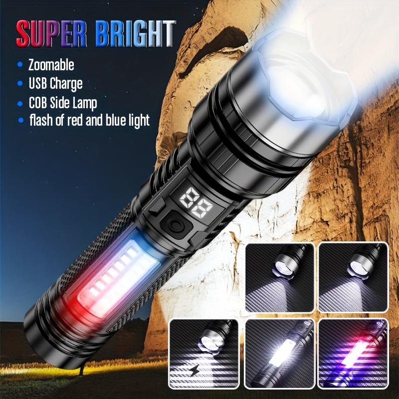 Ultrahelle LED-Taschenlampe, wiederaufladbar, mit variablem Zoom und Rot/Blau-Frequenzblitz für Camping, Angeln, Familie, Notfallsituationen, Langlebig
