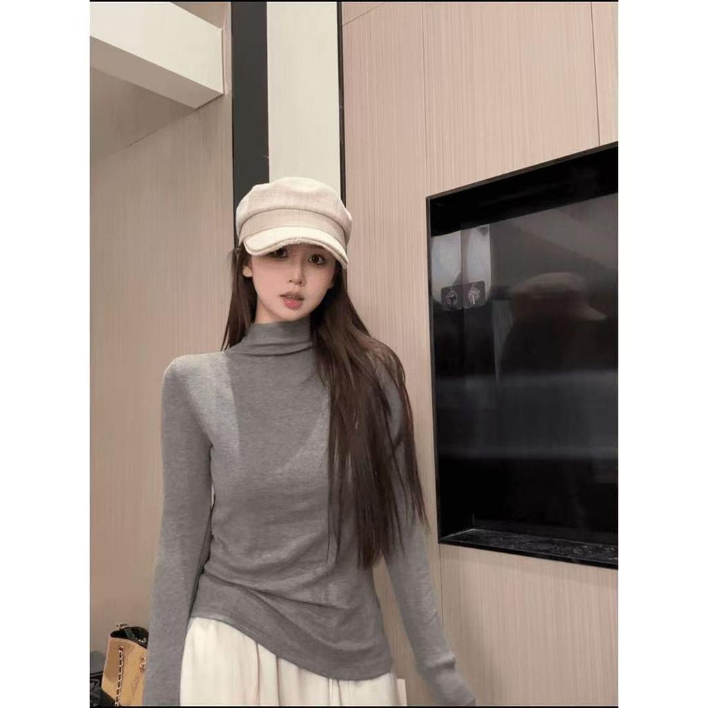 Women's Ribbed German Velvet Warm T-Shirt - Semi-High Neck, Solid Color, Autumn/Winter 2025 Collection