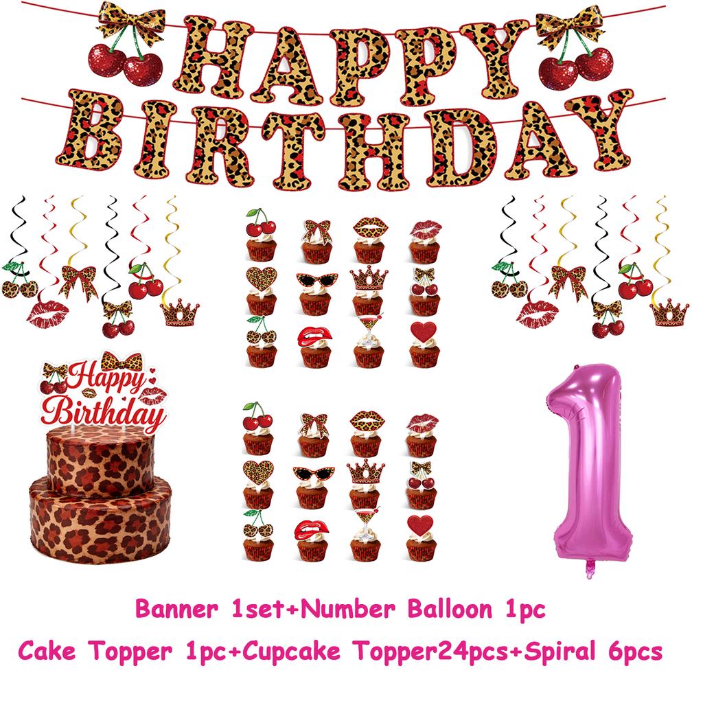 Pink Cherry Leopard Theme Birthday Party Decoration Plate Cup Balloon Banner Sexy Women Girls Shiny Photography Background Gifts