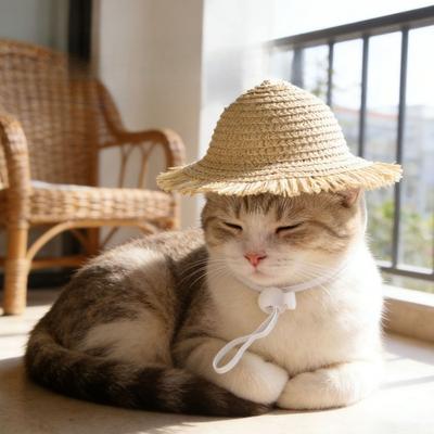 Pet Sun Hat for Small Dogs Cats  Handmade Woven Straw Hat with Chin Strap Breathable Summer Outdoor Sunscreen Cap for Kitten