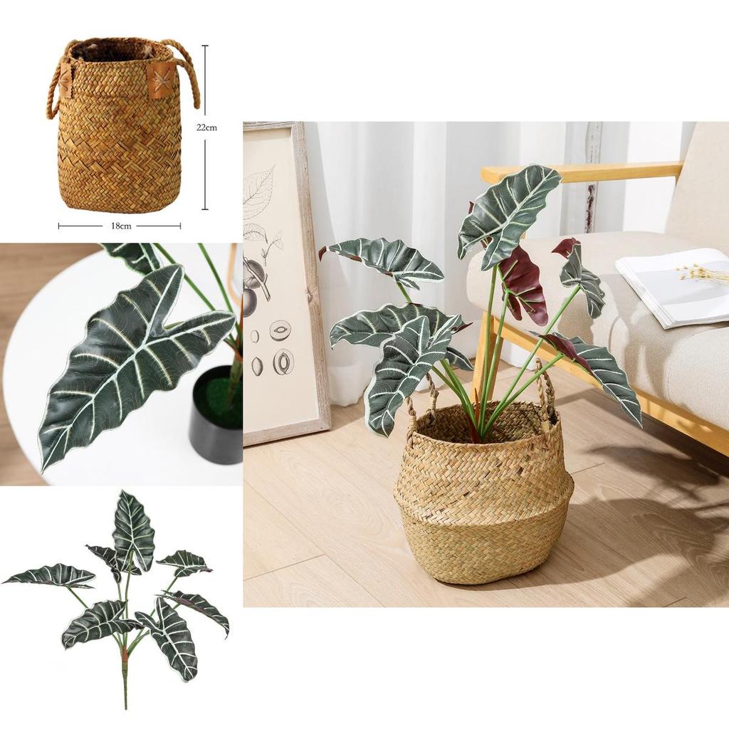 Style Artificial Alocasia Odora Leaf Plant With Handcrafted Basket For Home Decor