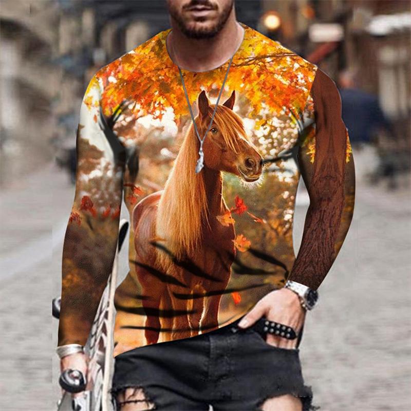 Rundhals 3D Pferde-Print T-Shirts Lässige Langarm Herren T-Shirts - Weicher Mittlerer Stretch Polyesterstoff Frühling und Herbst Relaxed Fit Kleidung