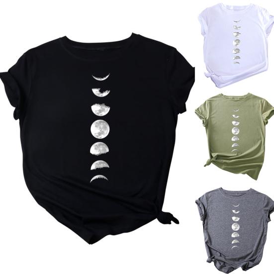 Women Summer Casual O Neck Short Sleeve Moon Print Loose Blouse T-shirt Top