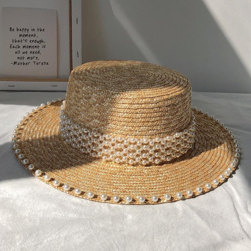 Natural Wheat Straw Boater Fedora Top Hat Women Summer Beach Flat Brim Cap Pearl Accessories For Holiday Party Trendy Sun Hats