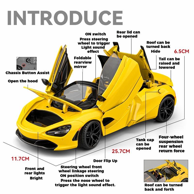 1/18 McLaren 720S Supercar Sports Car Alloy Metal Diecast Model Car Sound & Light Pull Back Collection Hobby Decoration Present