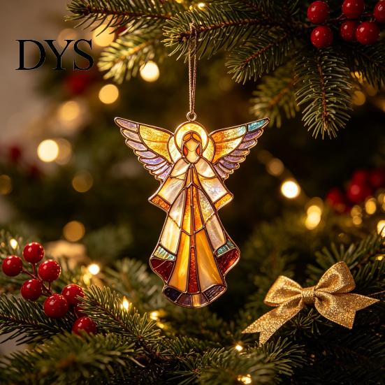 Christmas Gift Tags for Friends Stained Glass Style Angel Ornament, 2D Acrylic Tree Hanging Retro Holiday Party Supplies Decoration with Gold String,