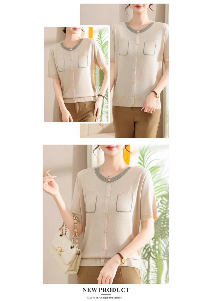 Elegant Ice Silk Short-Sleeve Knitted Top for Middle-Aged Women