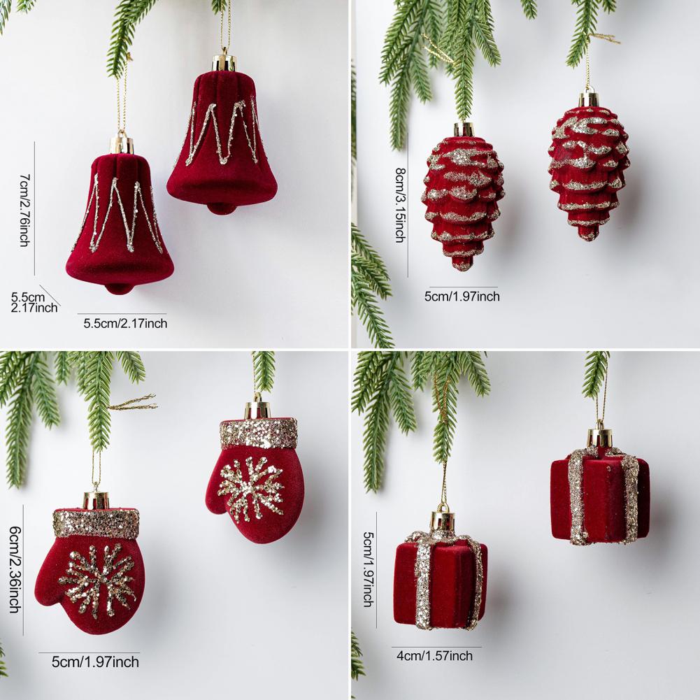 2 Pcs Velvet Christmas Ornaments Shatterproof Glitter Sequins Flocked Bell/Candy Cane/Ice Isicle Hanging Decoration for Home