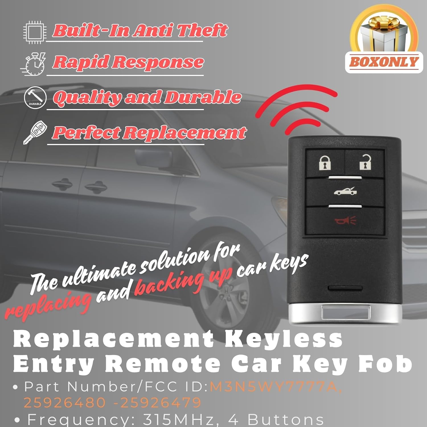 

Replacement Keyless Entry Remote Car Key Fob 315MHz FCC ID M3N5WY7777A 4-Button for Cadillac J749 and Compatible with Chevrolet Corvette 2005-2013