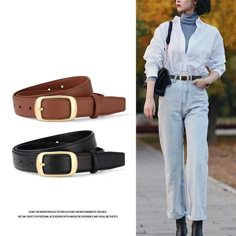 Women's Versatile Black Leather Belt - Fashionable Decorative Waistband for Jeans