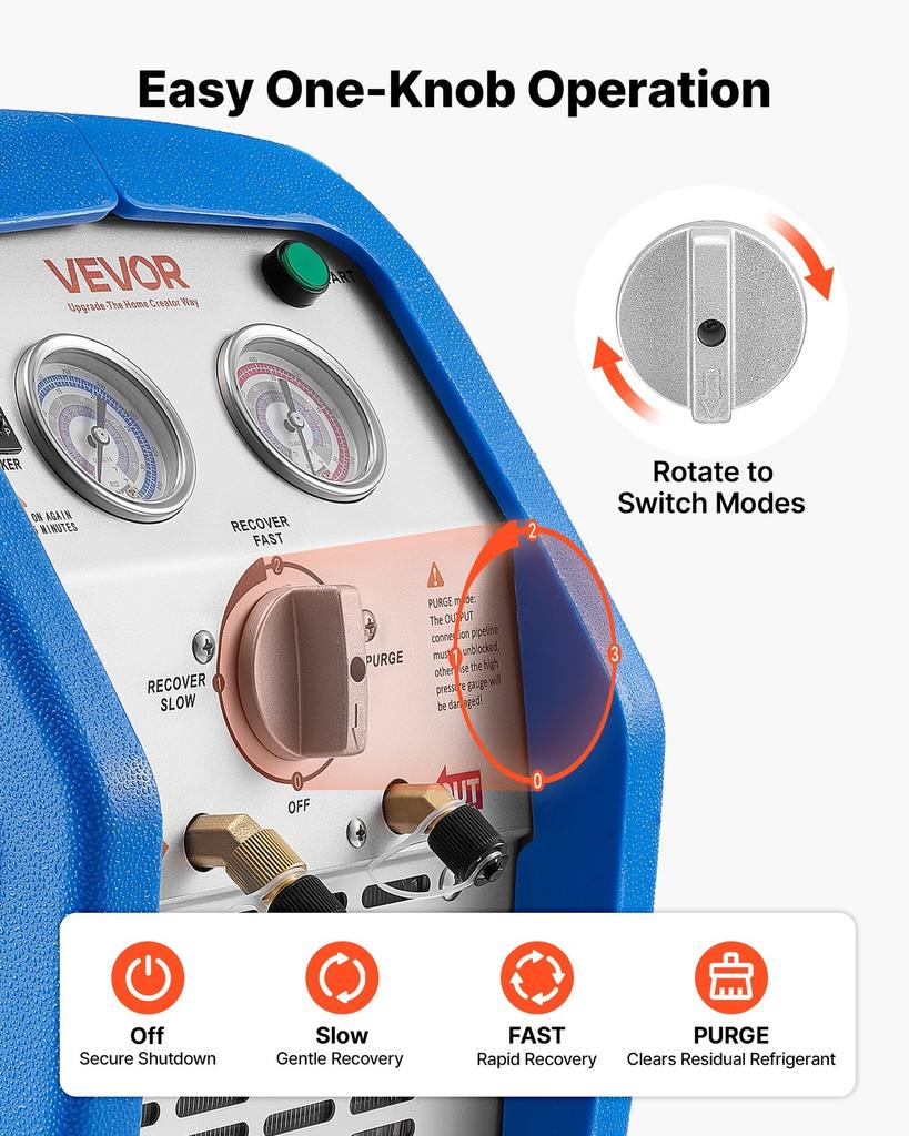 Portable Refrigerant Recovery Machine, 1 HP 220-240V 50Hz Dual Cylinder AC Recovery Machine for Liquid Vapor Refrigerant, 1450 RPM Recycling Unit HVAC