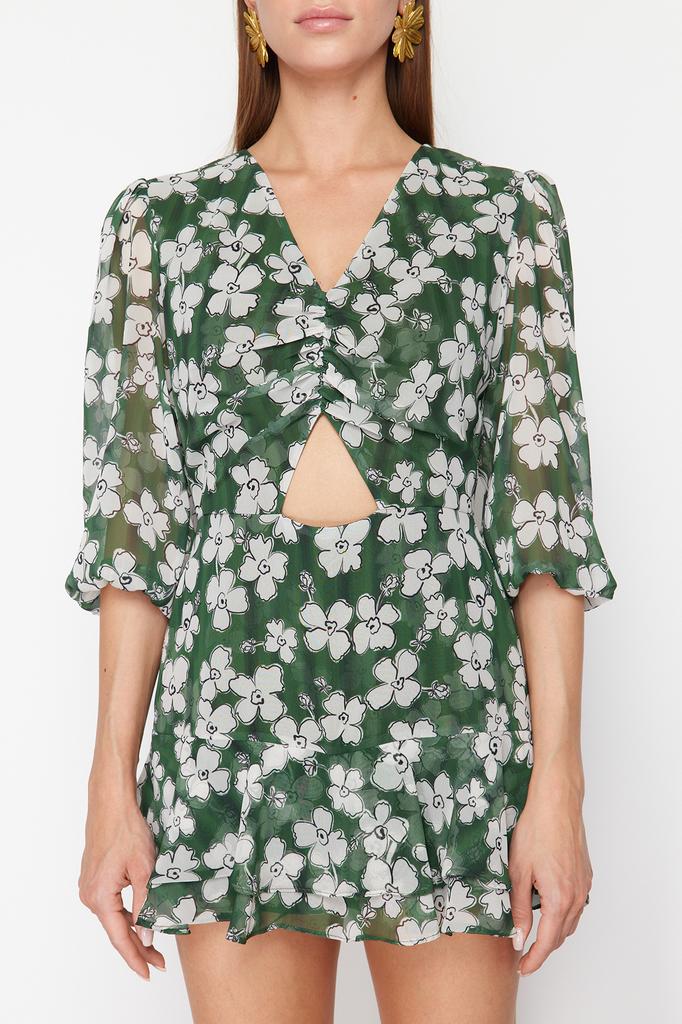 Women's Fashion New Jumpsuit Green Floral Pattern Cut Out Detailed Mini Lined Chiffon Woven Jumpsuit