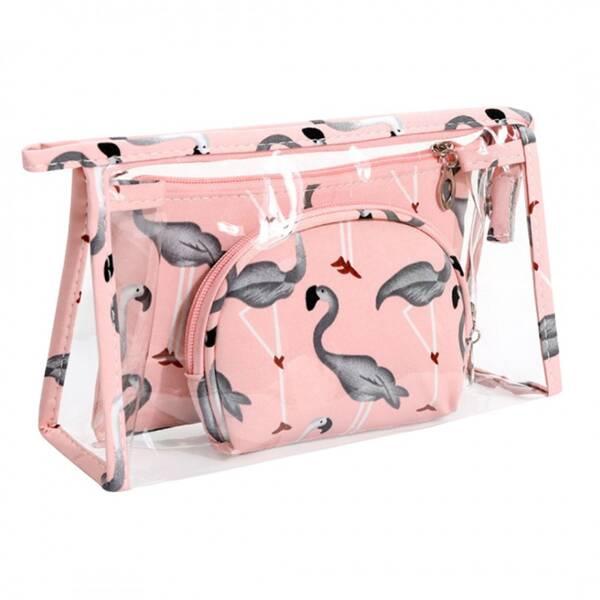 Ecarla Set 3 Kosmetiktaschen Rosa mit Grauen Flamingos Ks65Wz1