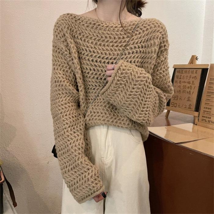 

Retro hollow sweater design niche knitted sweater one-word collar solid color crimped long-sleeved top versatile outside 412-317 (average size) хакі