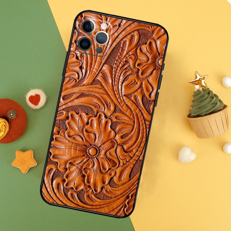 Brown Hand Tooled Western Phone Case For iPhone 17 16 16E 15 14 12 11 13 Pro Max 12 13 Mini 17Air Shockproof Cover