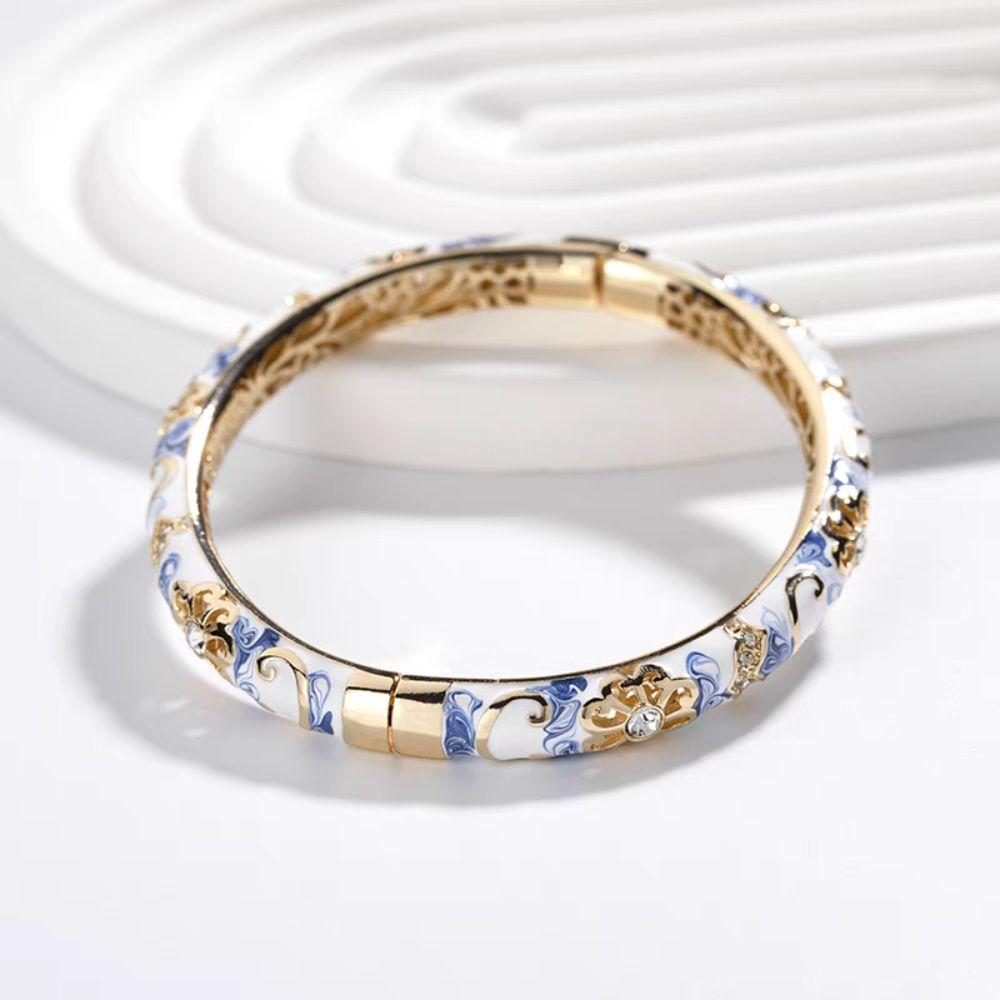 Traditional Enamel Opening Bracelet Flower Metal Hand Bracelet  Cheongsam