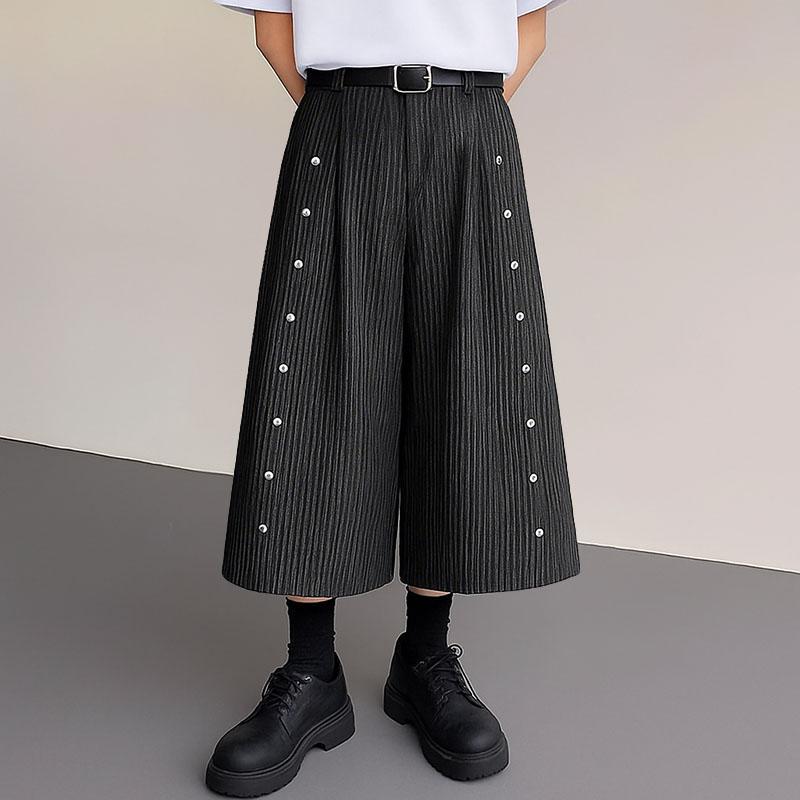 INCERUN Men Zipper Casual Loose Striped Wide Leg Capri Pants Shorts