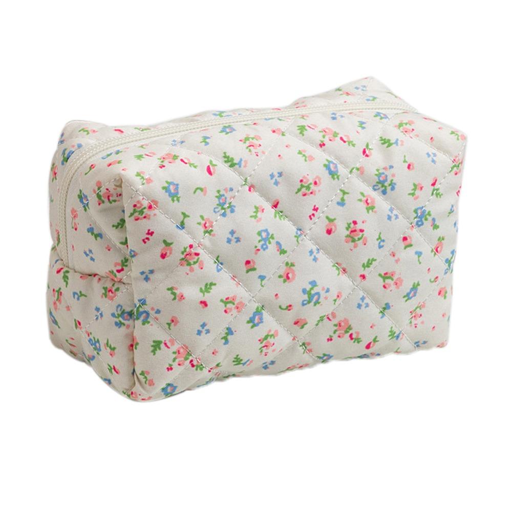 Portable Quilted Cotton Cosmetic Bag Flower Printed Large Capacity Makeup Bag Travel Organizer Washbag