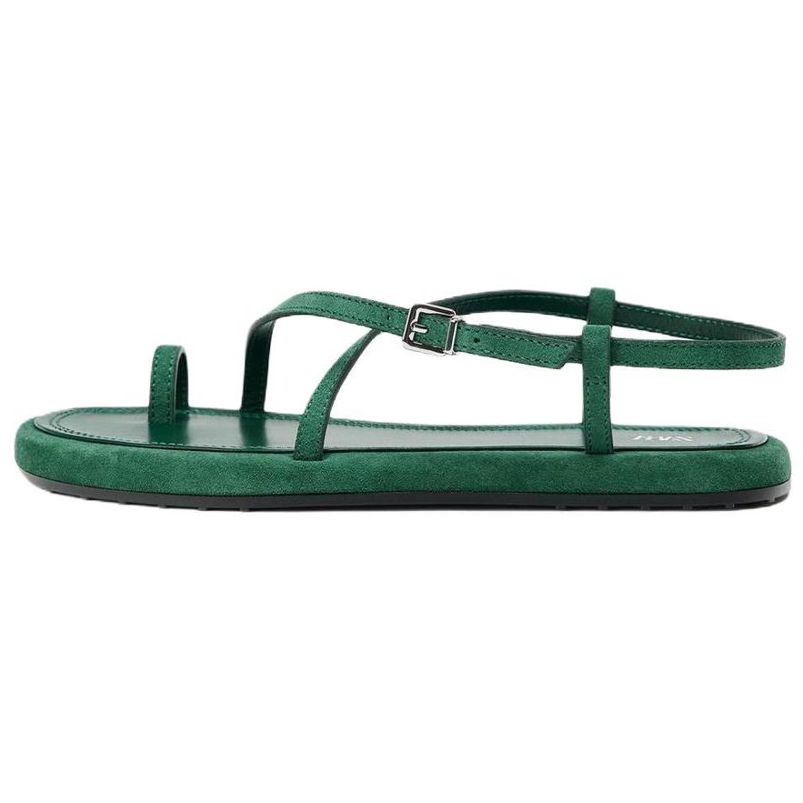 Zara Suede Toe Post Ankle Strap Flat Sandals Green Women 2639510500 39