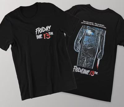 Piątek Trzynastego Film Horrorowy Nadruk Czcionka Przód i Tył Unisex Klasyczny T-shirt Unisex Koszulka