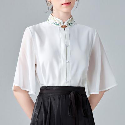 Chinese Style Stand-up Collar Shirt for Women New Women's Embroidered Flared Sleeve Chiffon Shirt Stand-up Collar Top