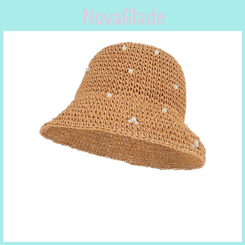 Summer Straw Hat For Women With Pearl Decor And Wide Brim Sunshade For Outdoor Sun Protection
