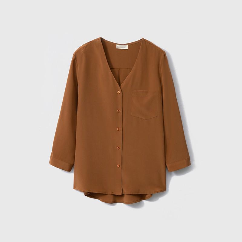 

Mulberry Silk Nine-Sleeve Women s V-Neck Brown Pocket Shirt L коричневий