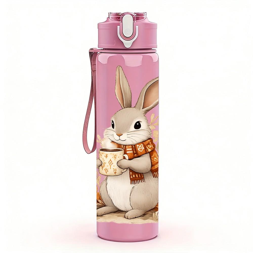 1PC Cute Easter Bunny Animal Print 750ml Color Plastic Sports Water Bottle Leakproof Flip Straw Lid Suitable for Sports Office Home Use