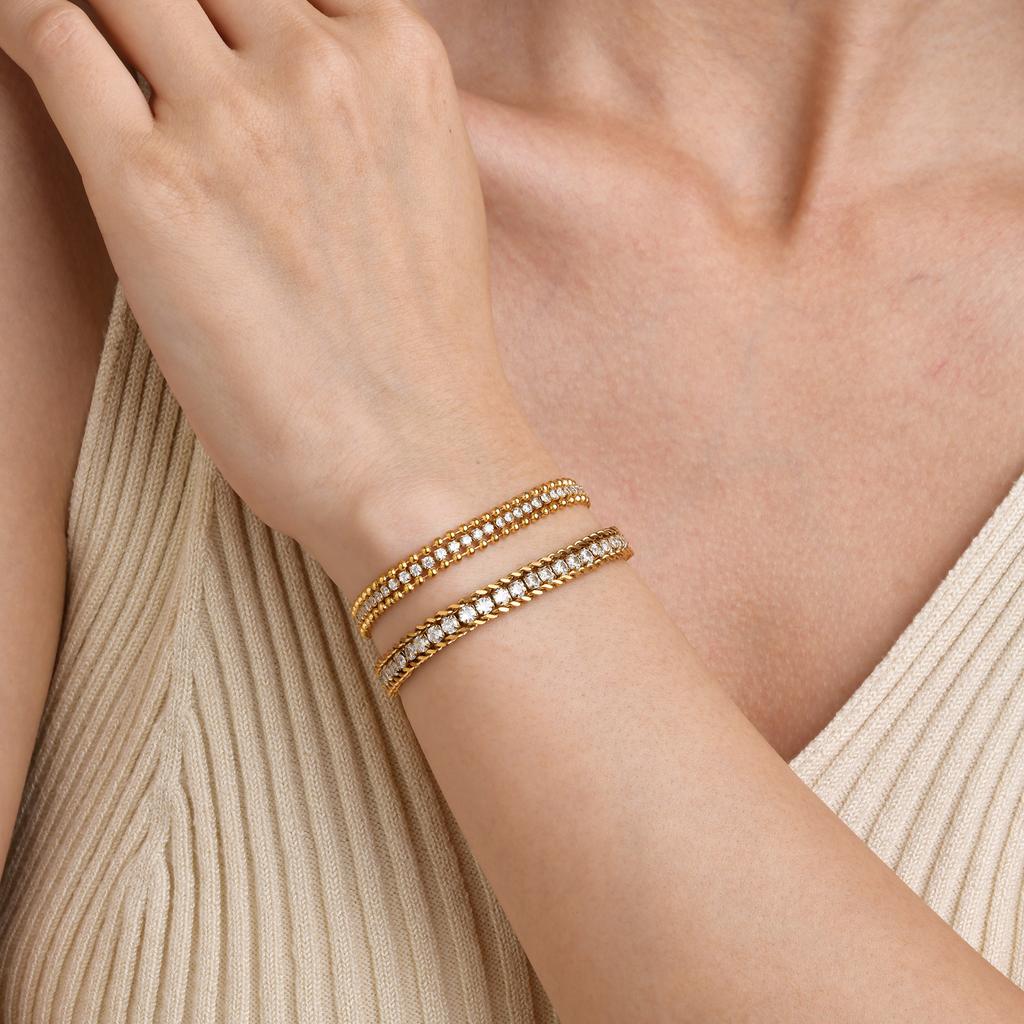 Vnox Full Bling CZ Stones Bracelets for Women,Gold Plated Stainless Steel Ball Beads Cuban Chain Bracelet,Dainty Holiday Jewelry