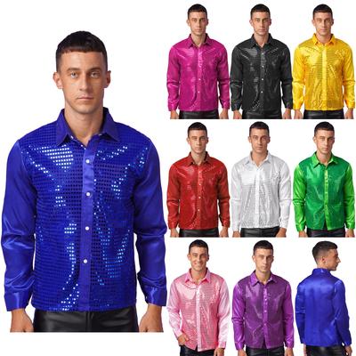 Camicia da Ballo Latino con Paillettes da Uomo Colletto alla Coreana Manica Lunga Costume di Scena Top Brillante per Performance Jazz