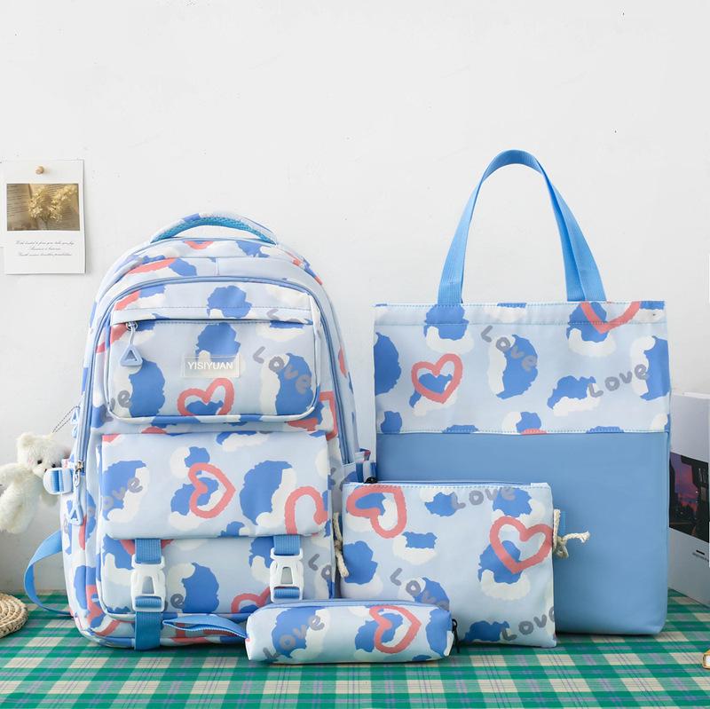 School bag girl love backpack large capacity junior high school campus school bag girl cute casual four-piece backpack