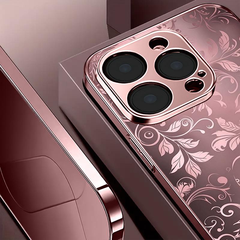 Cute Floral Pattern Pink Metallic Tempered Glass Phone Case For iPhone 11 12 13 14 15 16 17 Pro Max 15 Plus 17 Air 16E Cover