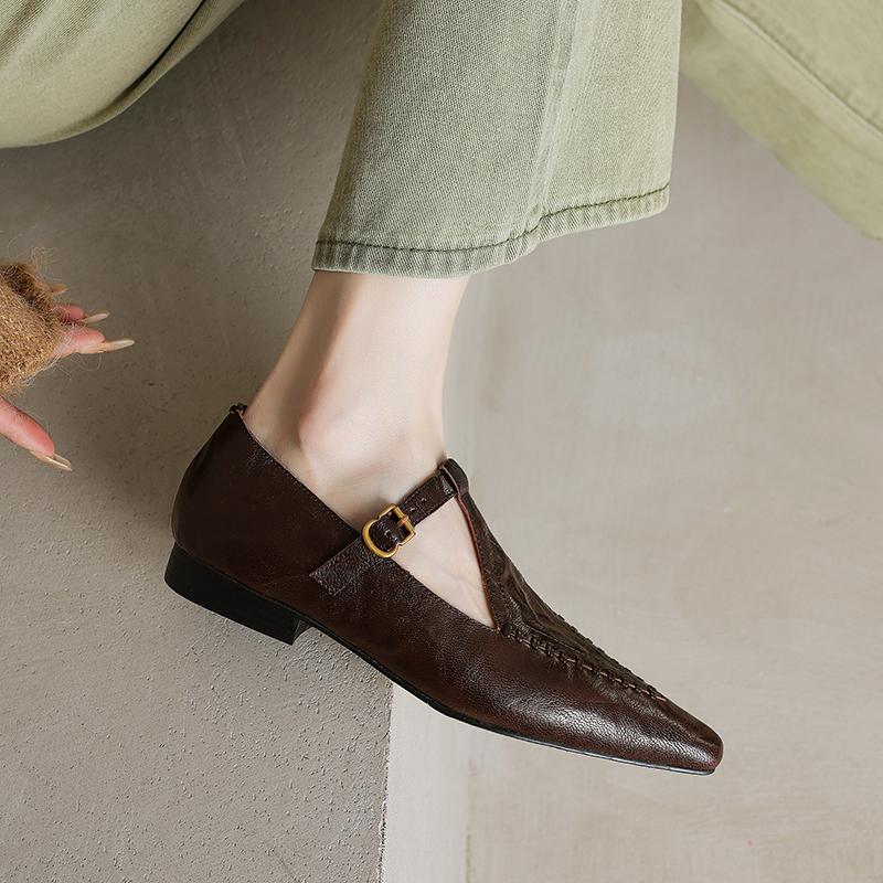 

Fashion 2025 New Spring Sheepskin Women Shoes Pointed Toe Low Heel Women Pumps Shoes for Women Mary Jane Genuine Leather Ladies Shoes 34 коричневый