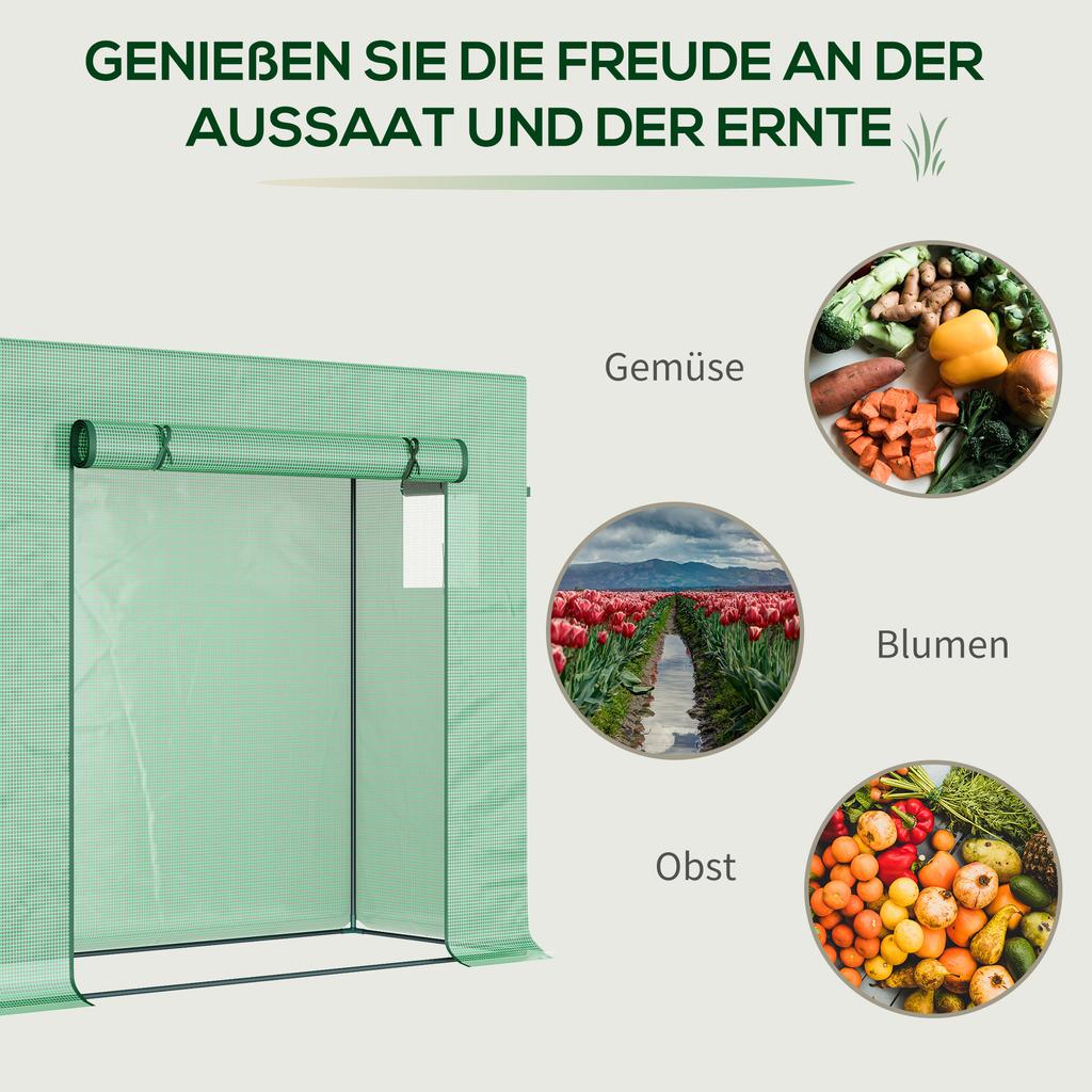 Small Walk-in Garden Greenhouse with Steel Frame, Large Roll-up Door and Windows, 200Lx76Wx168Hcm, Green