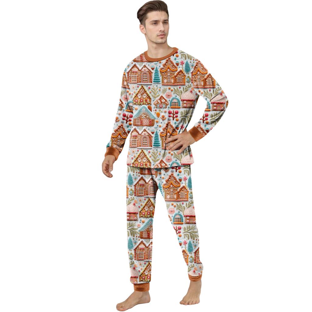 Sada flanelového domácího oblečení s vánočním potiskem pro celou rodinu, top s dlouhým rukávem a kalhoty