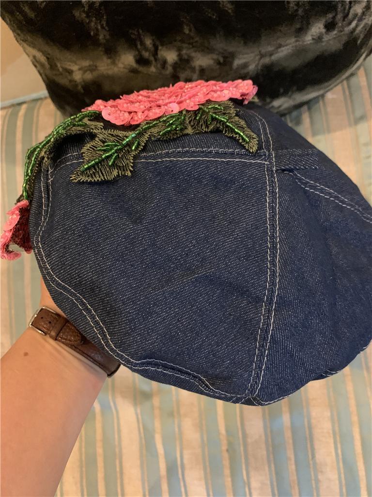 Ins Chic Design Style Spring Denim Pink Beaded Flowers Shine Luxury Lady Beret Cap Women Leisure Painter Hat