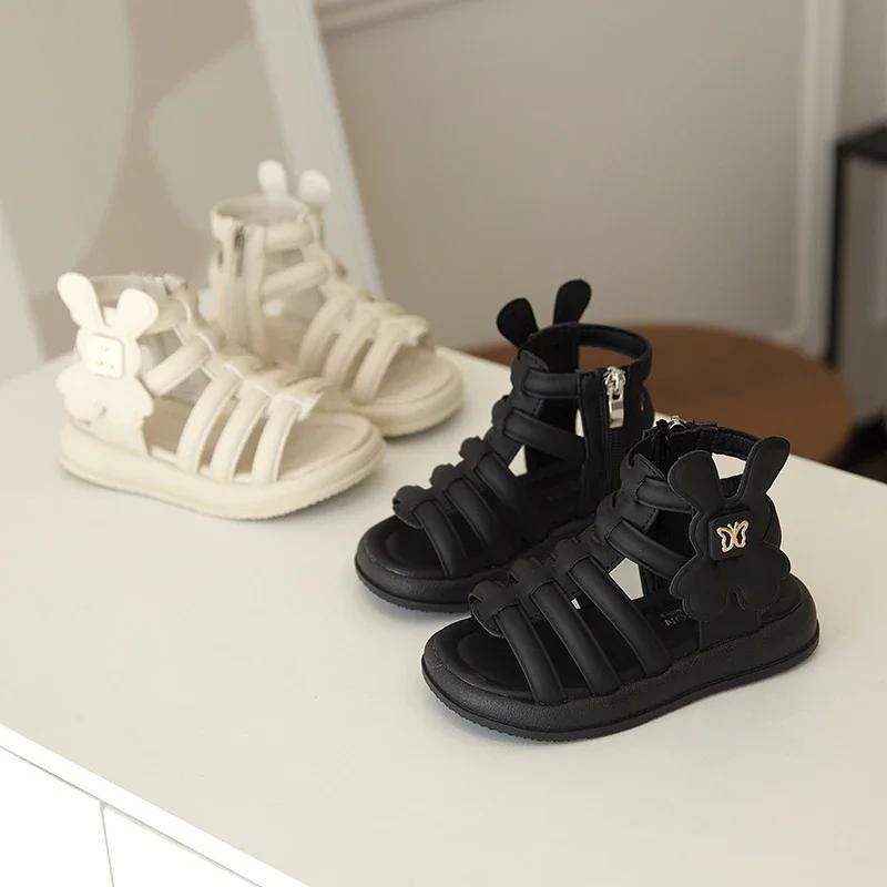 Kids Beach Shoes Open Toes Non-slip Girls Roman Sandals with Cute Rabbit Ins Trendy 2025 New Fashion Children Princess Shoes