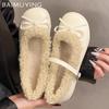 Bow Shallow Women Flats Ballet Dance Shoes Fur Short Plush Buckle Shoes 2025 Trend Designer Elegant Dress Winter Chaussures Lady