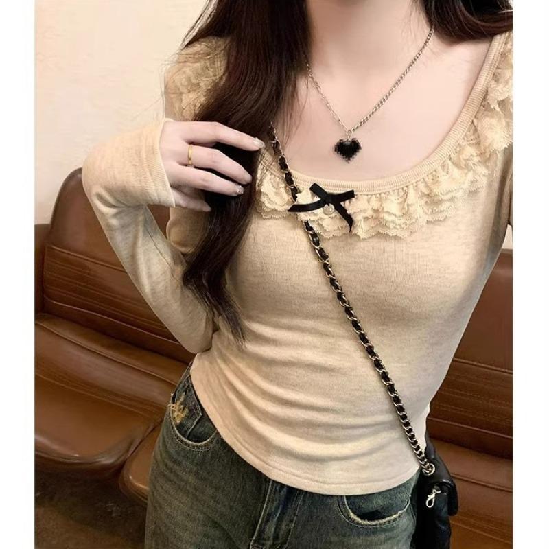 High-end U-neck Clavicle Sexy Bottoming T-shirt for Women In Spring and Autumn Pure Desire Lace Patchwork Waist Slimming Inner Wear