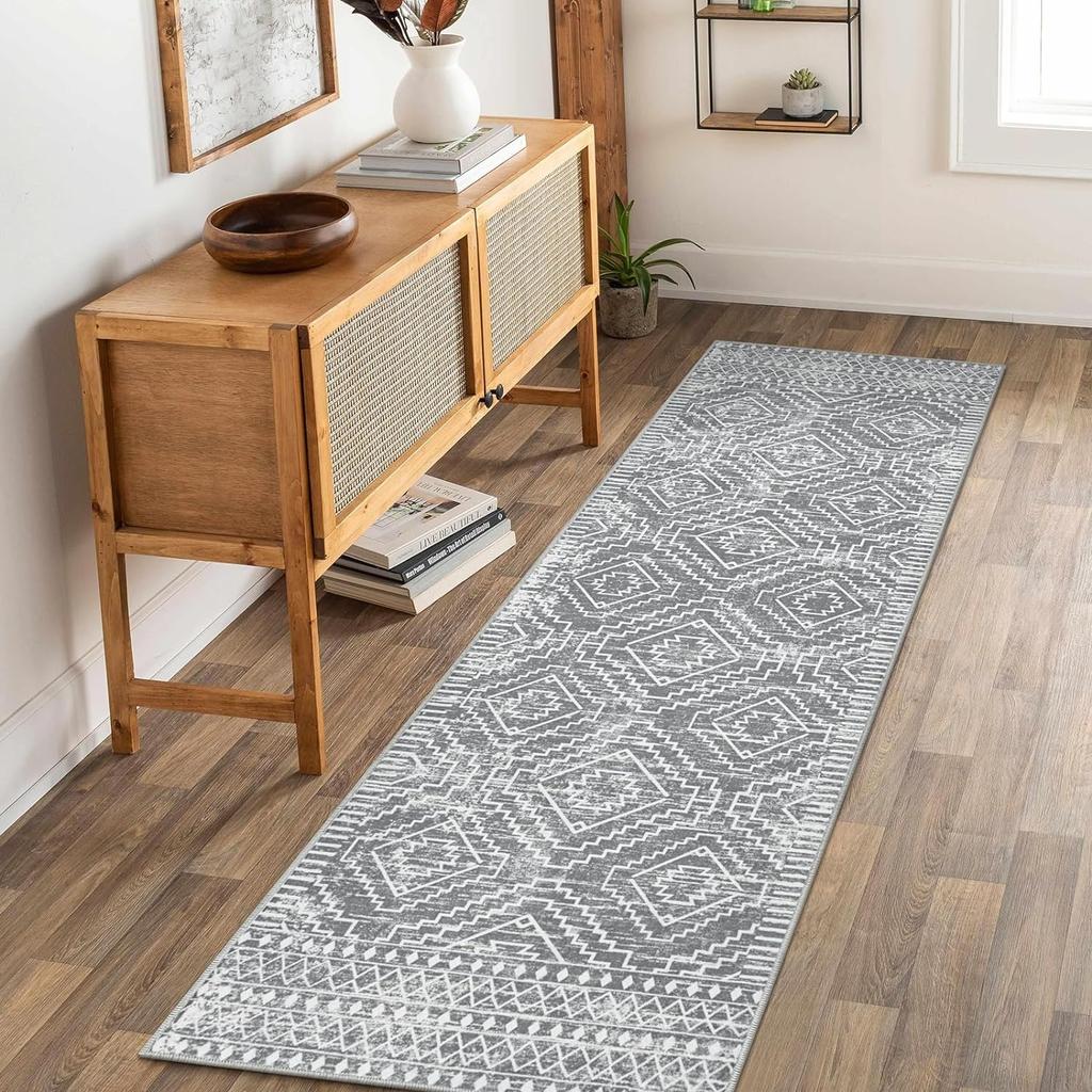 Moroccan Style Carpet for Living Room Retro Washable Farmhouse Bedroom Black Boho Non-Slip Floor Mat Soft Rug for Kitchen Entry