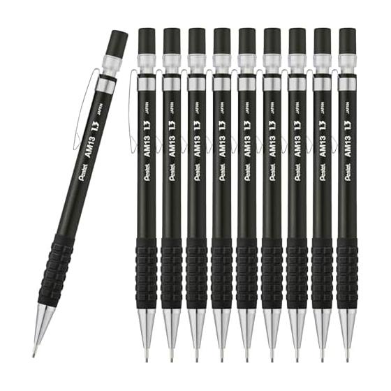 Pentel AMAIN Sharp Mechanical Pencil, 1.3mm, Black, 10-Pack (AM13-A(10)) - Thick Lead, Break-Resistant, Smooth Writing, with Grip - Ideal for Work,
