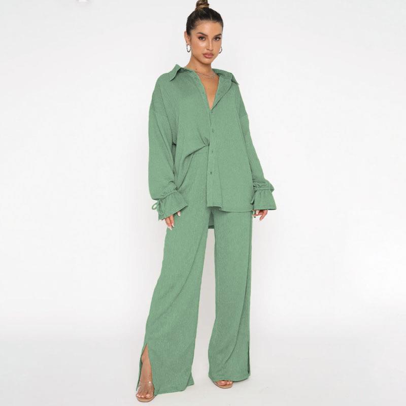 New Women's Fashion Solid Color Lapel Tie-Up Top & Trousers Suit for Spring, Autumn, Winter.