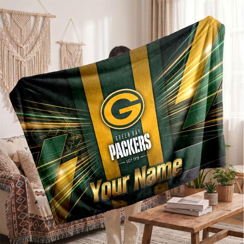 Green Bay Packers Flannel Blanket, Custom Name Text Personalized Soft Throw Blanket Home Decor Gift